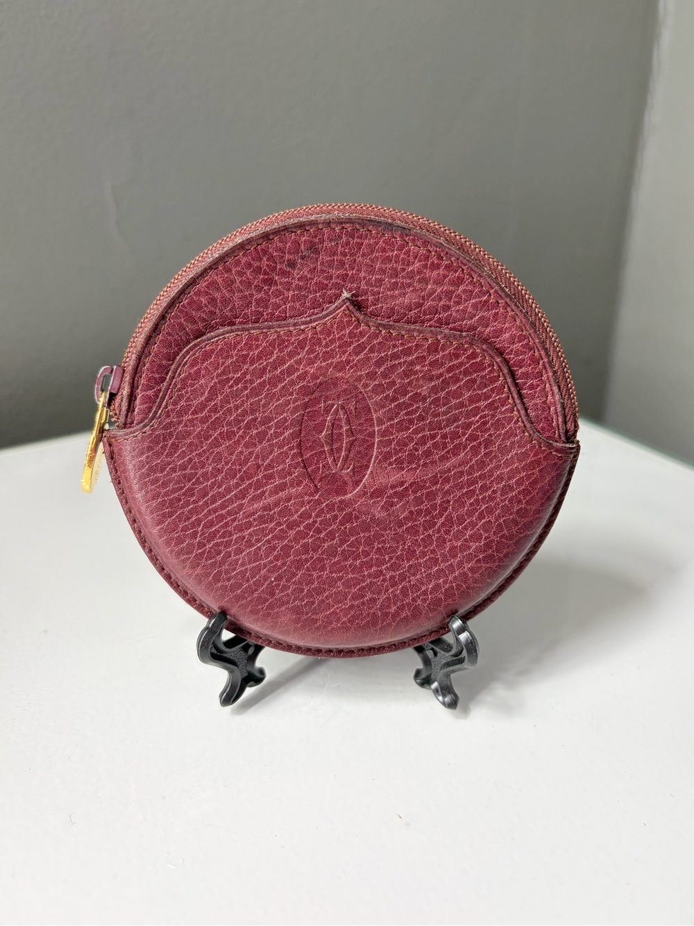 Vintage Cartier Bordeaux Leather Round Coin Pouch